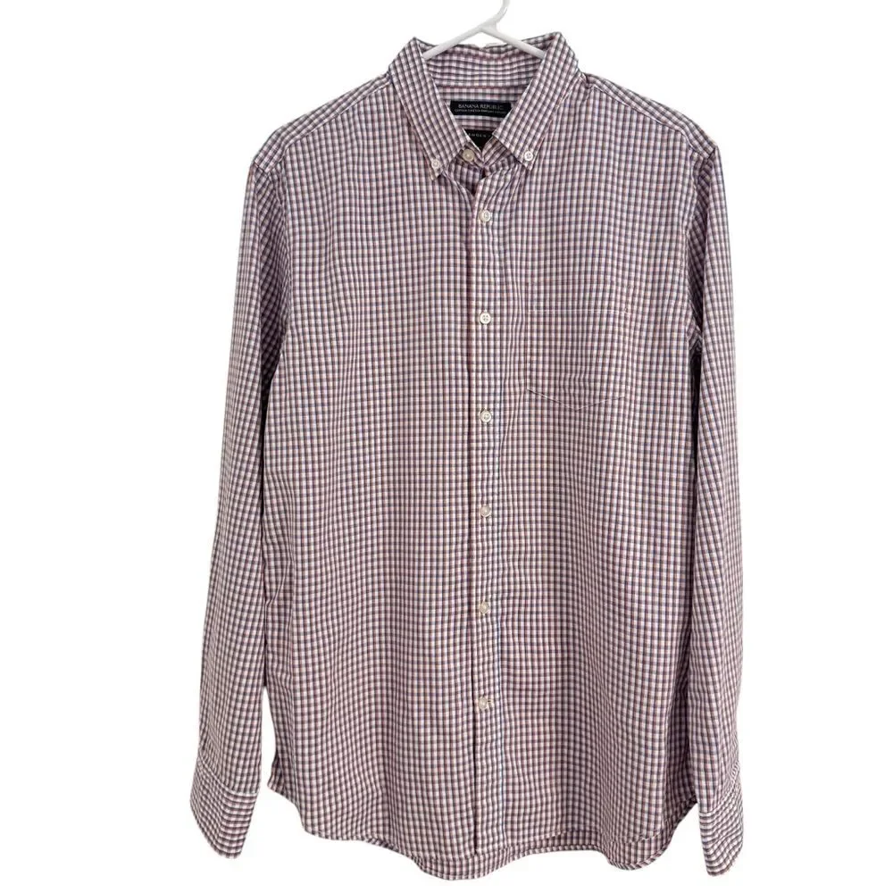 Banana Republic Mens M Checkered Dress Shirt Cotton Oxford CAMDEN Fit Blue white